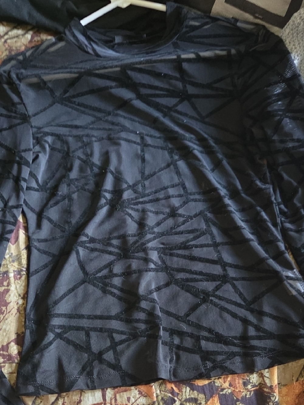 Women's Black Geometric Mesh Long-Sleeve Top Large - Picture 2 of 3